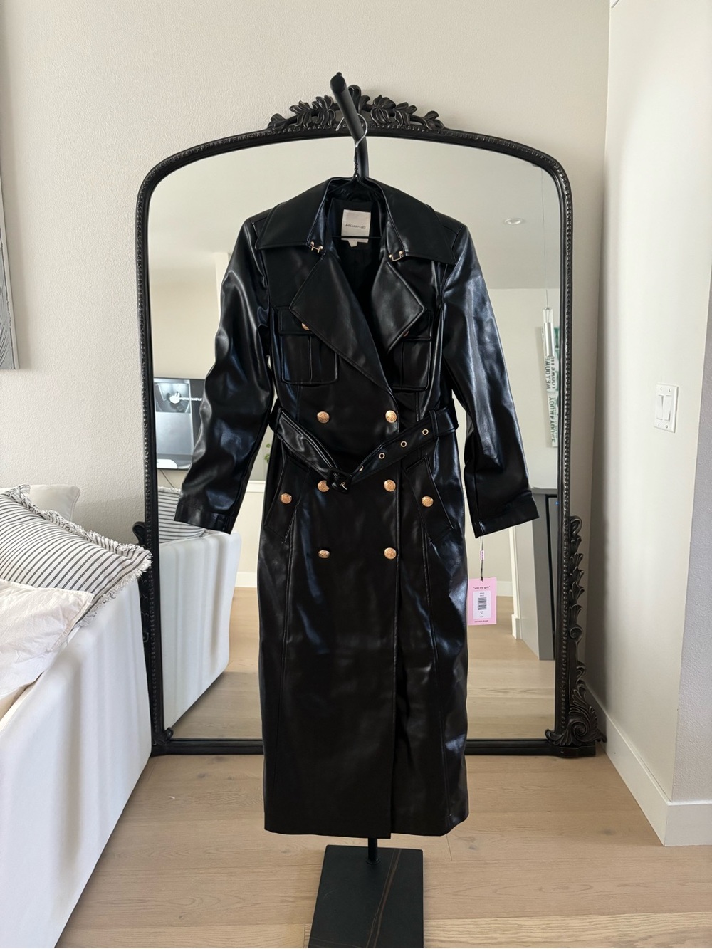 Avec Les Filles Black Faux Leather Double-Breasted Trench Coat with Gold Buttons